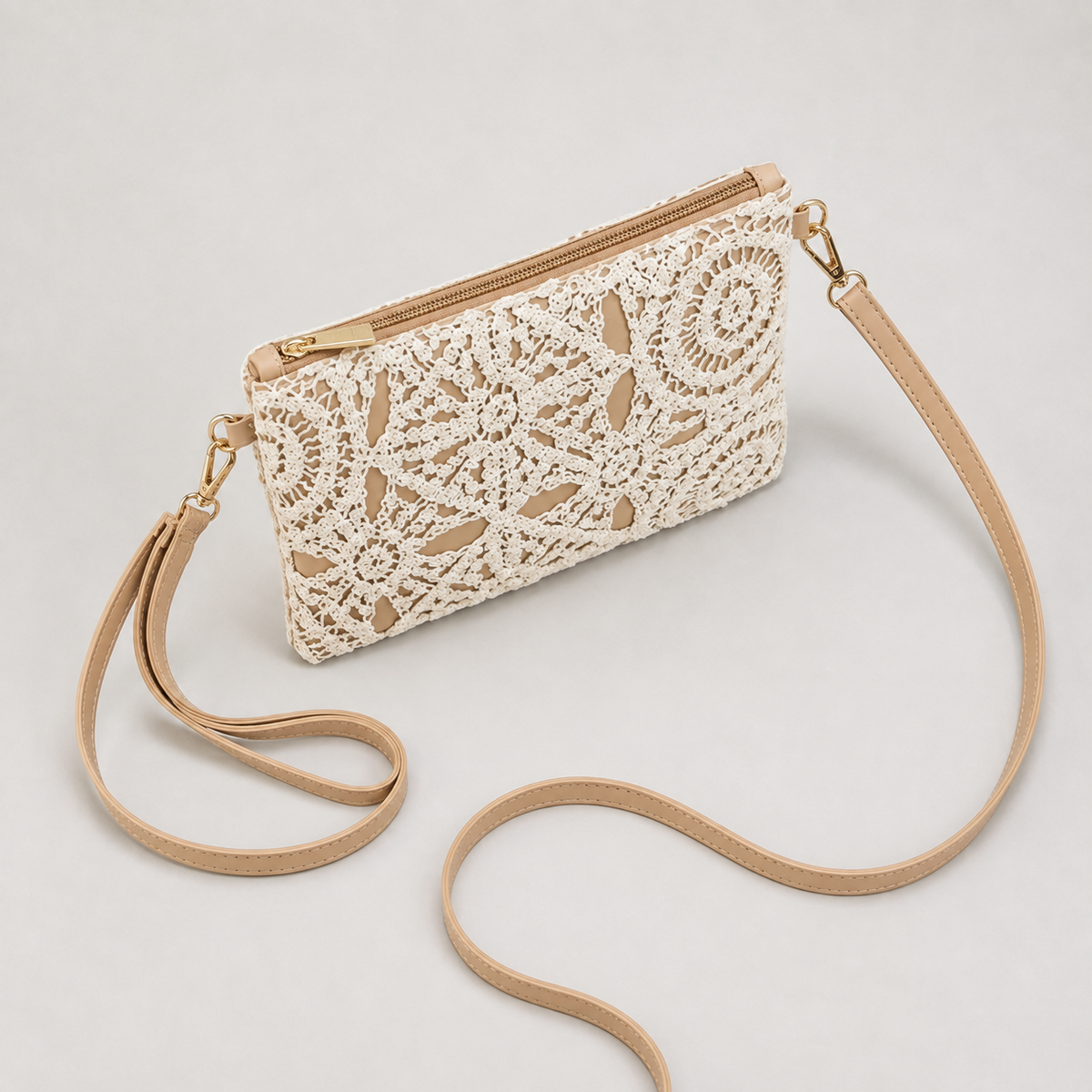 Lace crochet crossbody bag with strap