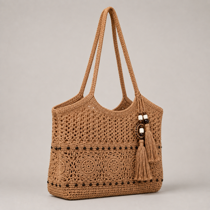 Boho crochet tote bag in camel