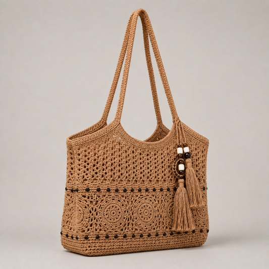 Boho crochet tote bag in camel