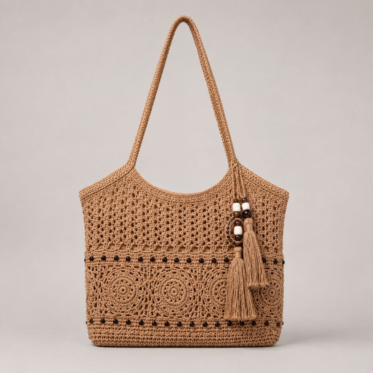 Boho crochet tote bag front view