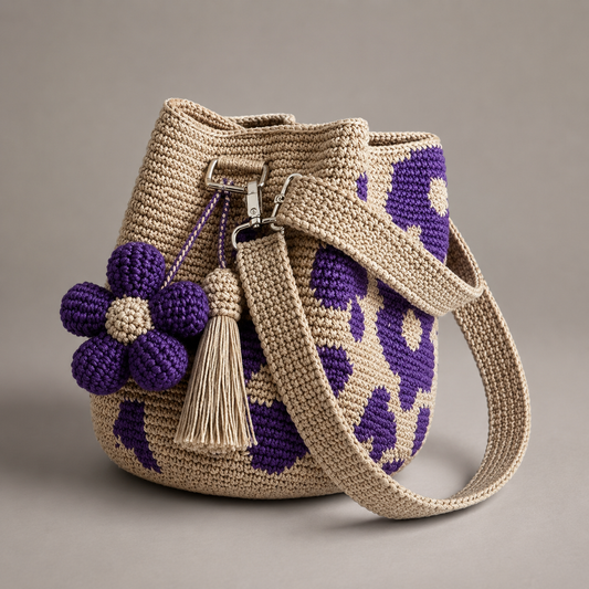 Floral crochet bucket bag in purple