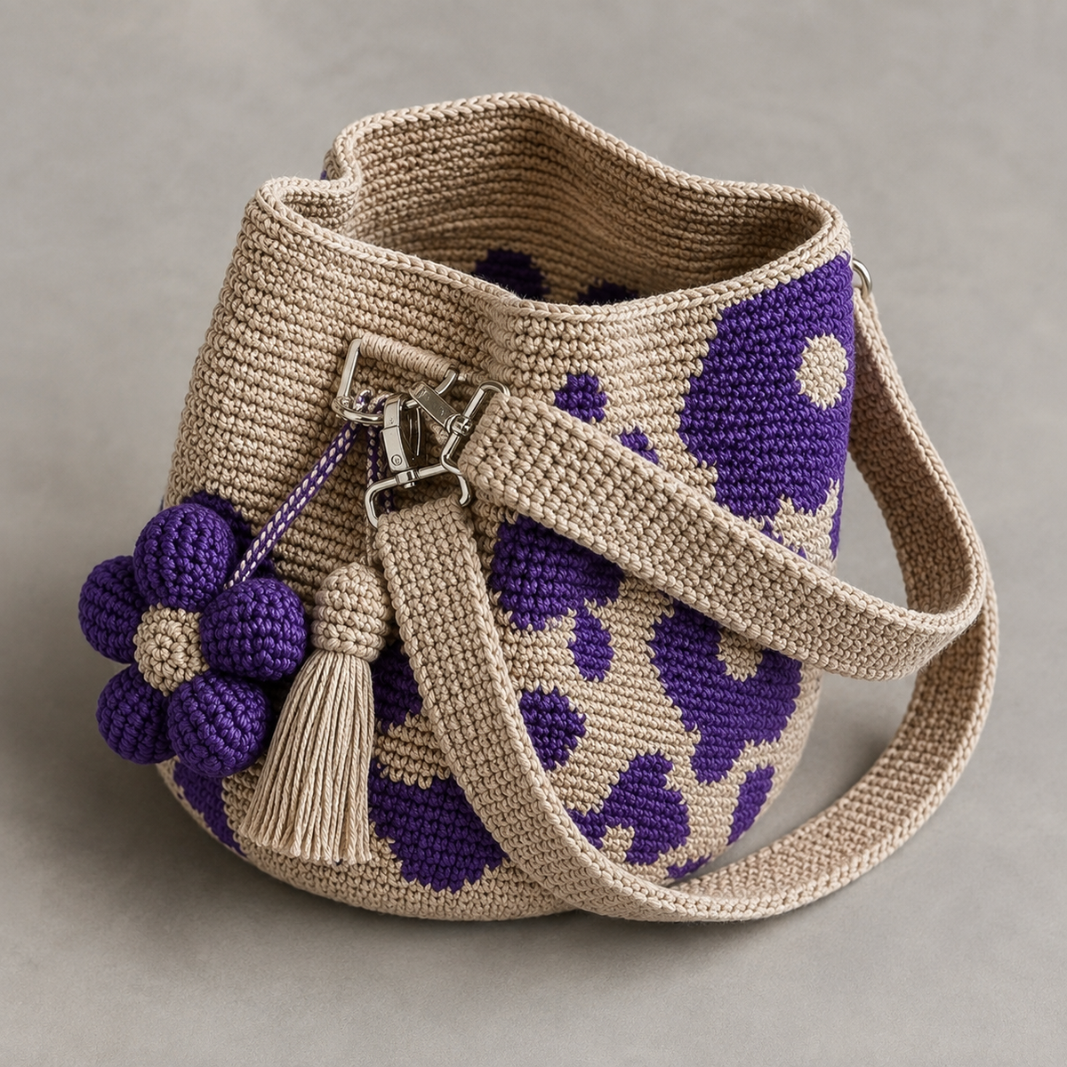 Floral crochet bucket bag side view