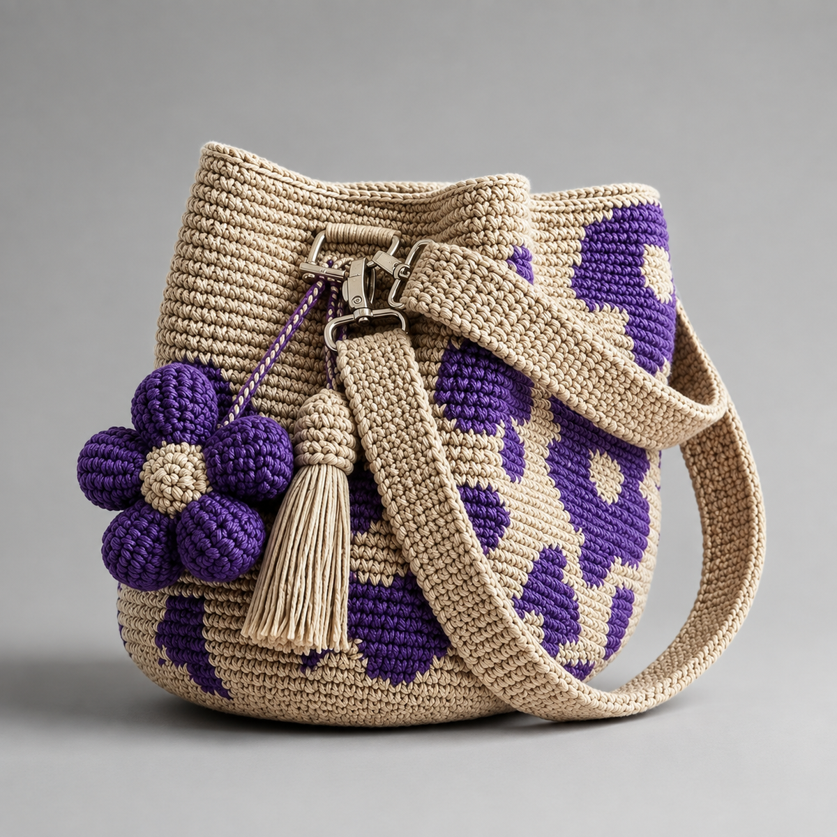 Floral crochet bucket bag with tassel