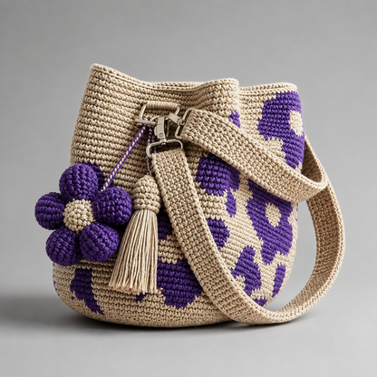 Floral crochet bucket bag with tassel