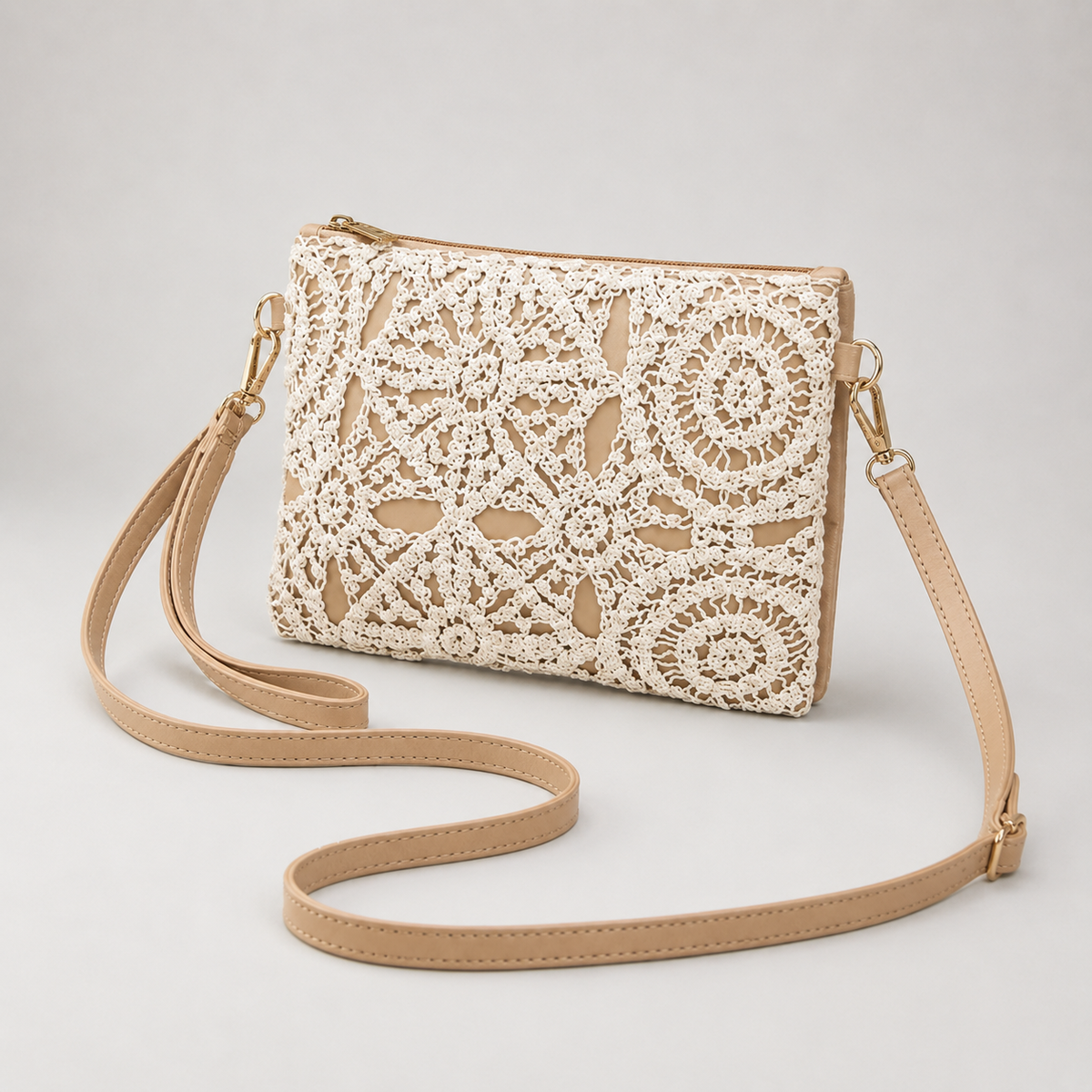 Lace crochet crossbody bag angled view