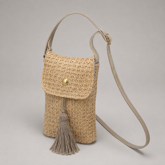 Straw phone crossbody bag in natural